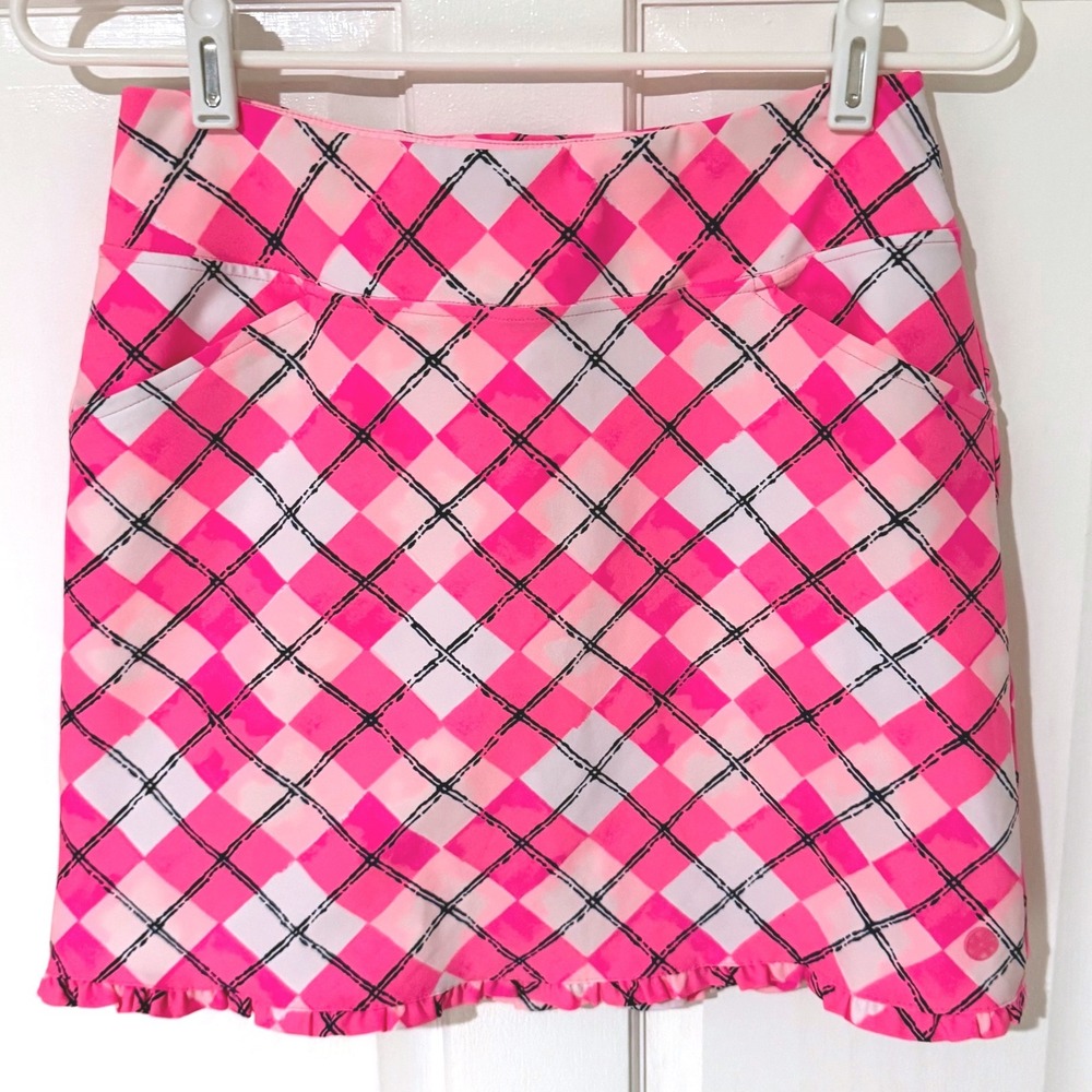 Lilly Pulitzer Luxletic Pink Plaid Golf Tennis Skort Ruffle Hem Size 0